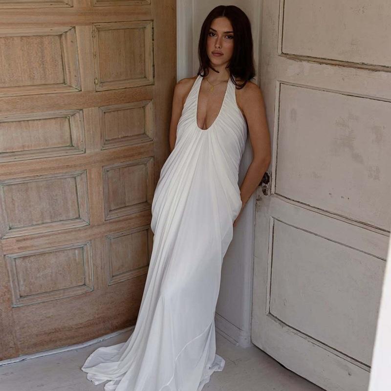 Sexy Loose Backless Sleeveless V-neck Pleated Long Halterneck Mesh Dress