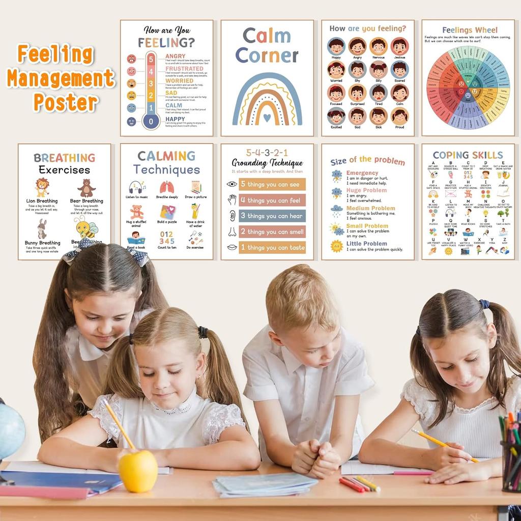 9 Calming Corner Posters Classroom, Calm Down Corner Feelings Chart for Kids, Mental Health Posters, Classroom Educational Poster Emotions Chart