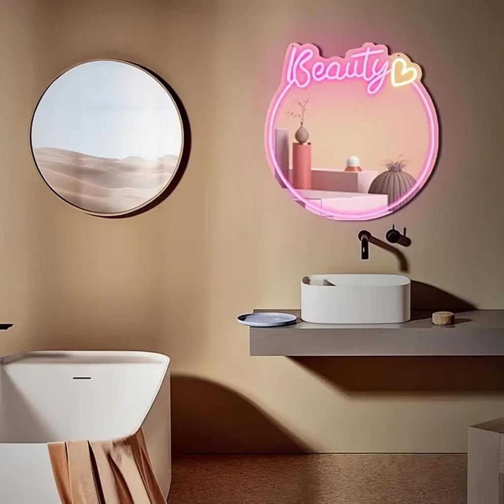 Beauty Neon Mirror Sign for Wall Decor USB Powered LED Pink Neon Light Heart Neon Light Signs for Girl's Room Bedroom Salon Decor Wedding Birthday