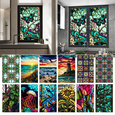 Colorful Retro Flower Bird Window Film PVC Electrostatic Glass Stickers Stained Window Films Static Cling Frosted Glass Film