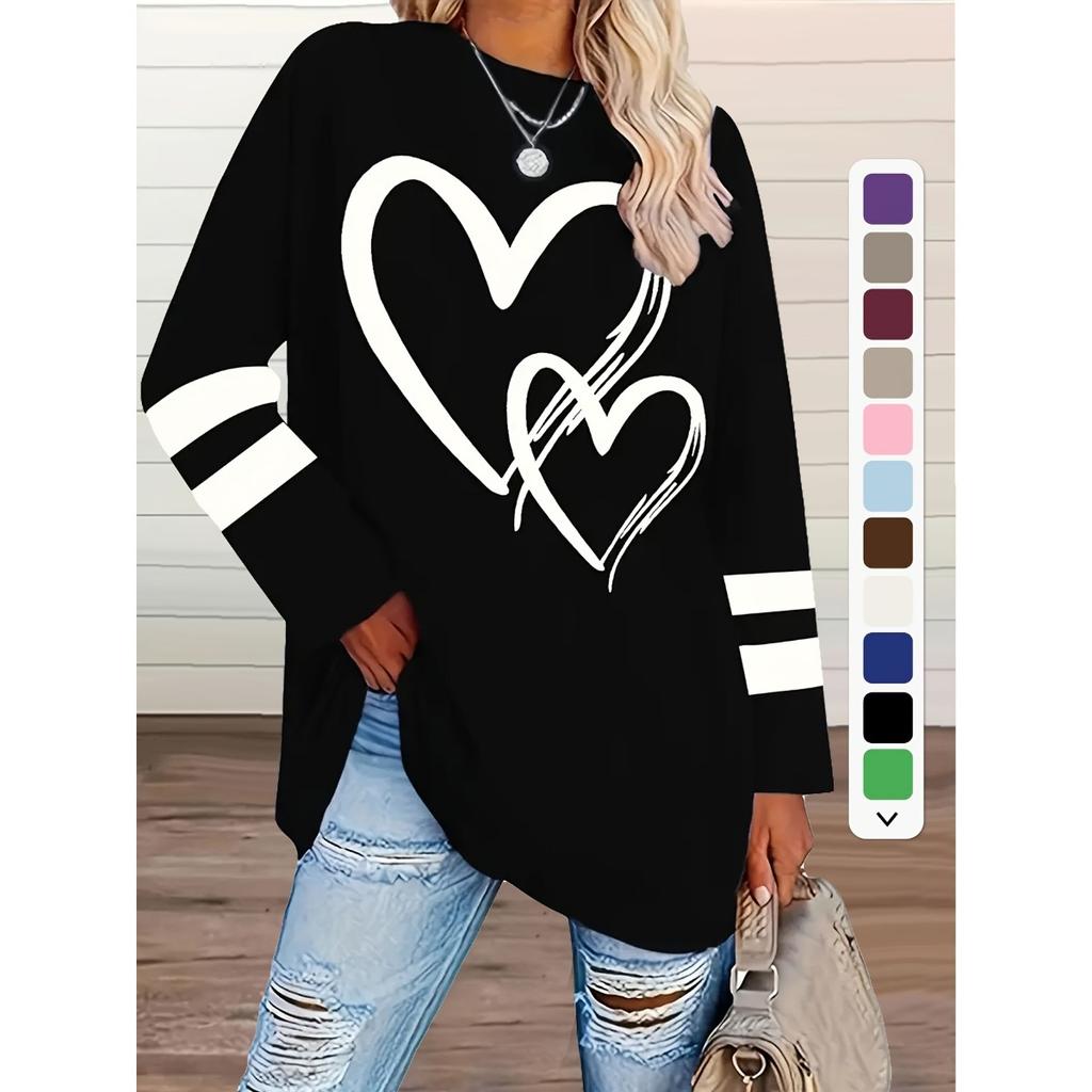 T-shirt da Donna Taglie Forti, Maglia Casual a Girocollo Manica Lunga con Stampa a Cuore, Abbigliamento da Donna Taglie Forti all'Ingrosso