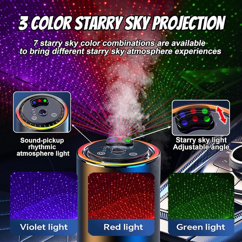 Smart Car Air Freshener, Car Air Freshener Diffuser With 3 Color Starry Sky Projection, Cars Scent Diffuser With RGB Music Syncing Light, 3 Mode