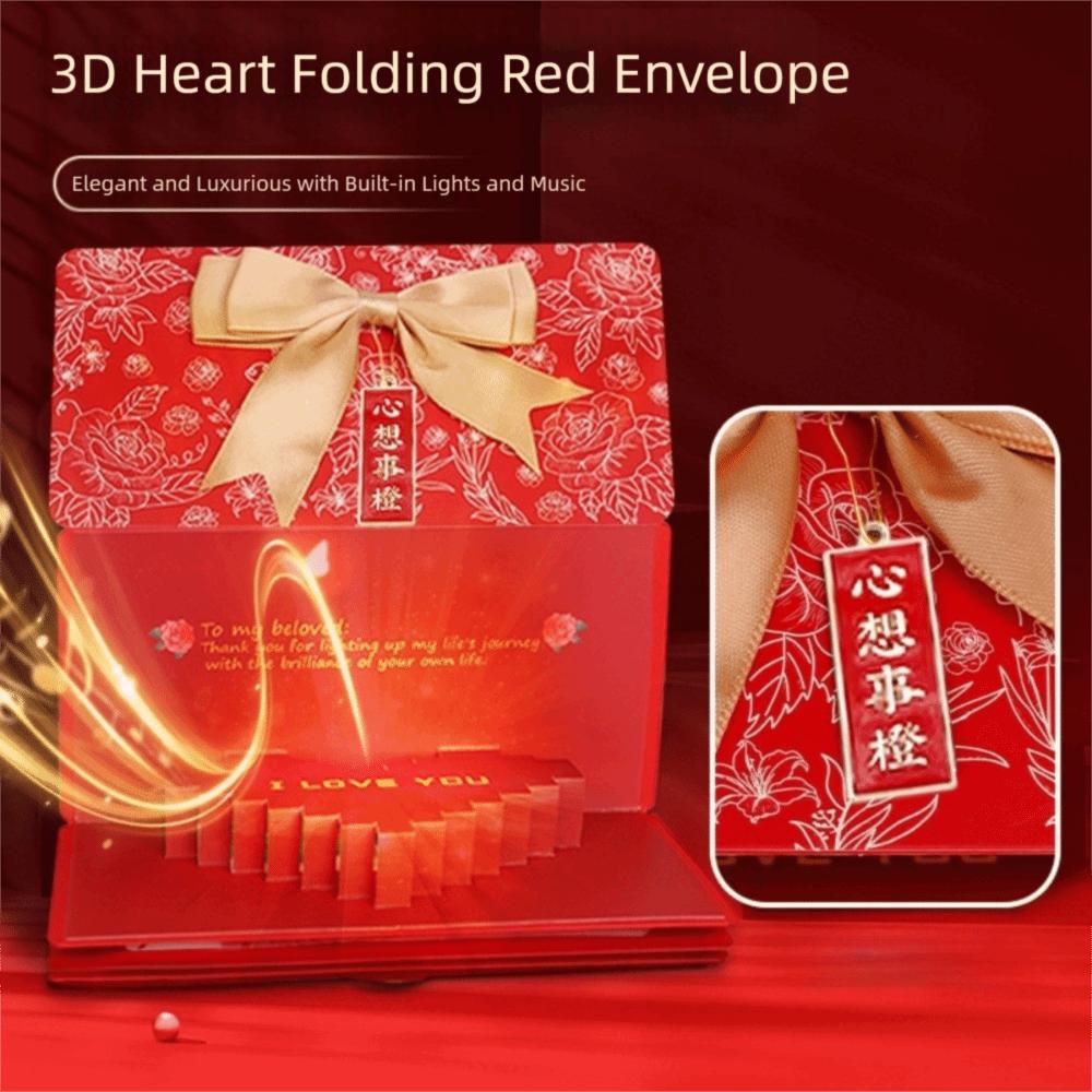

3D Birthday Red Envelope Greeting Card Foldable Multiple Card Slots 3D Romantic Heart Music Red Envelope