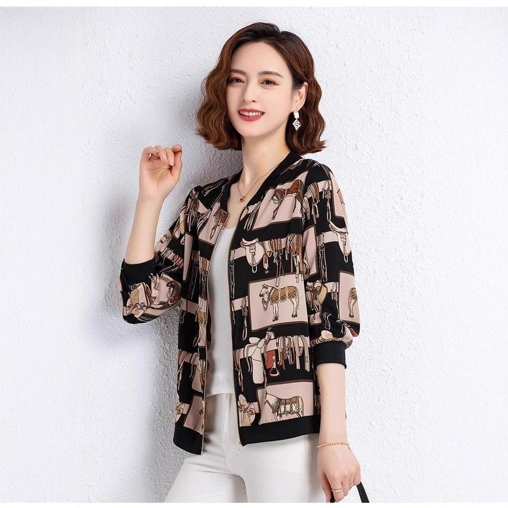 Mother's Chiffon Printed Long-Sleeve Cardigan - 2025 Spring Collection, Plus Size, Versatile Baseball Jacket.