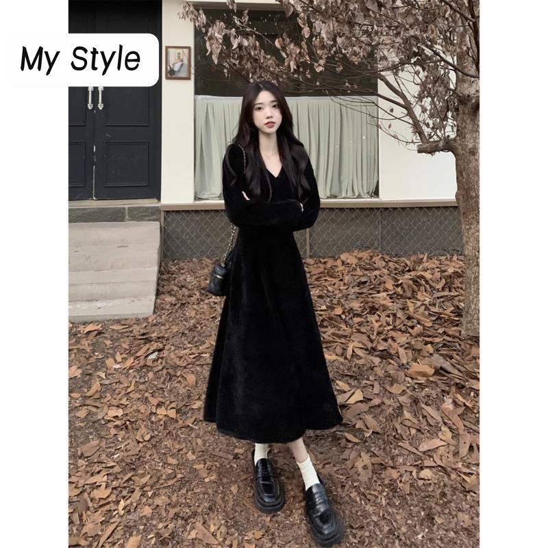 

Платье в стиле ретро во французском стиле, женское весенне-осеннее новое трикотажное платье с v-образным вырезом для похудения