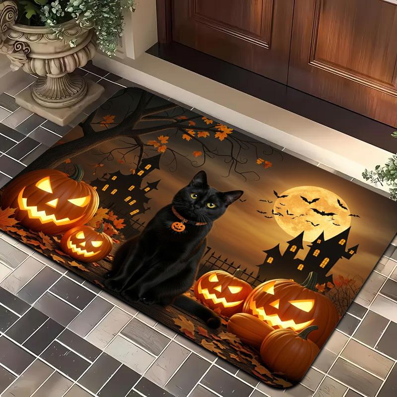 VIKAMA Large Halloween Carpet Black Cat Spooky Castle Carpet Entrance Doormat Rug For Bedroom Carpet For Living Room Home Decor