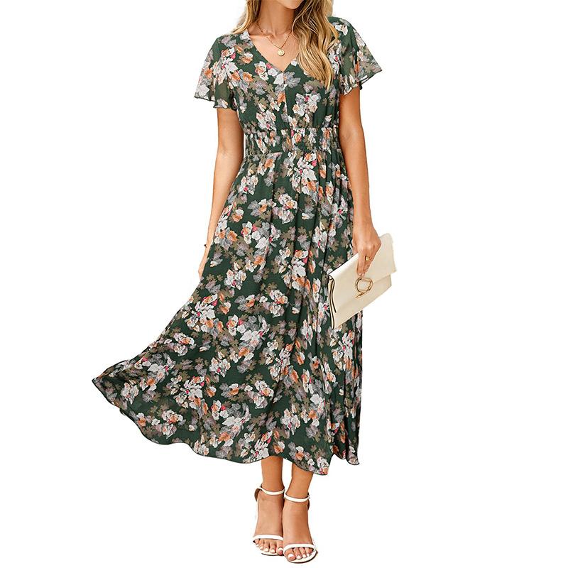 European and American Women's Clothing Summer New Short-sleeved Printed Chiffon Dress Waist Elegant Long Dress
