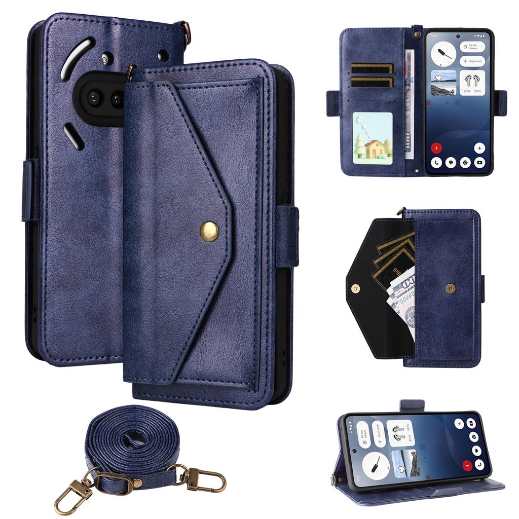 For Nothing Phone (3a) Leather Case Magnetic Closure Wallet Stand Phone Cover with Crossbody Strap