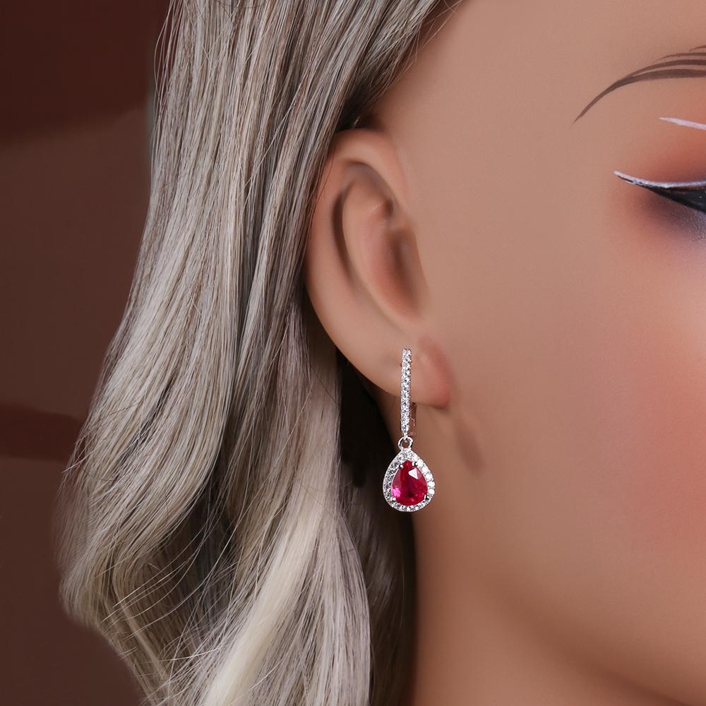 Simple Pear Shape Dangling Earrings with Natural Treated Africa Ruby S925 Silver Fine Jewelry for Women Girl Birthday Party Gift