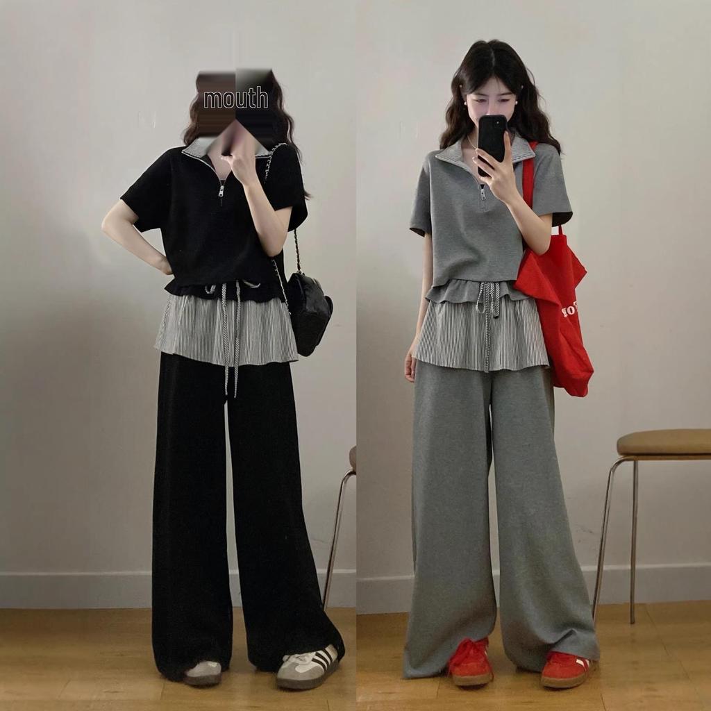 Plus Size Summer Korean Style Striped Top & Wide-Leg Pants Two-Piece Set