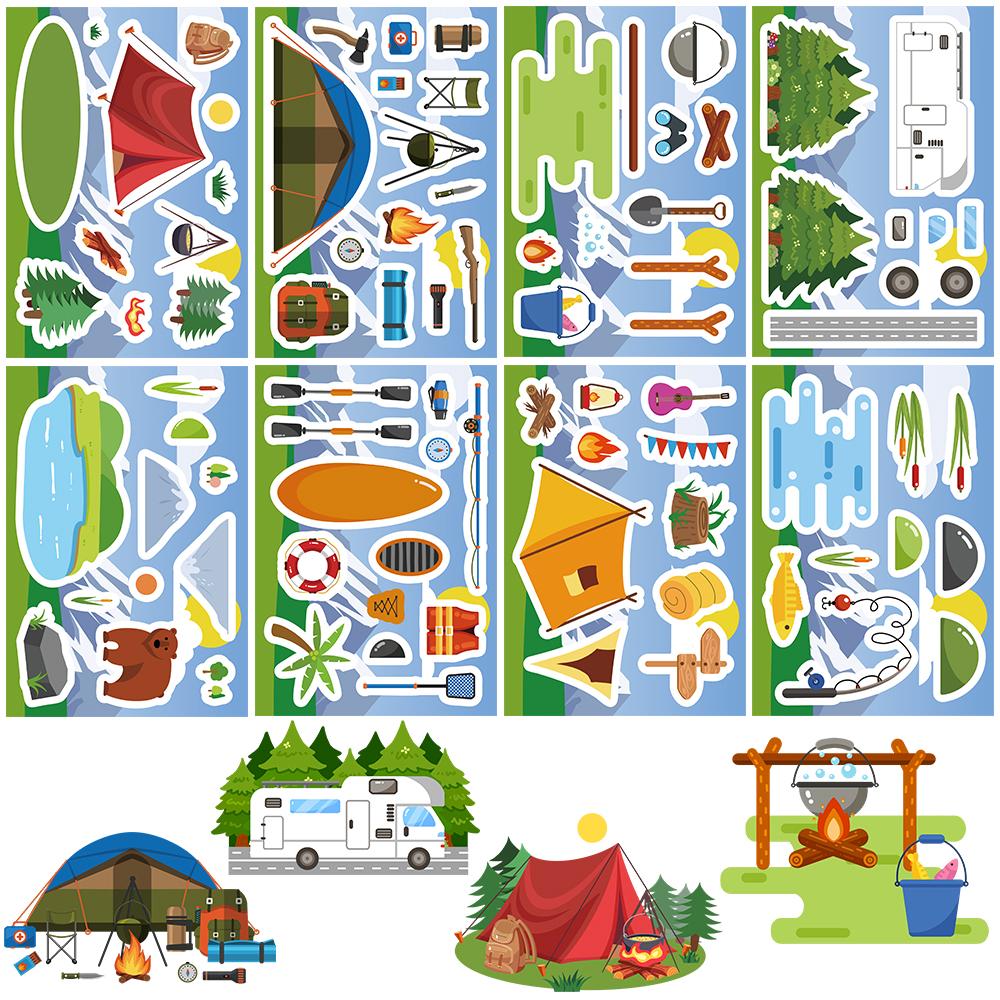 

8Pcs Outdoor Camping Collage Sticker Scrapbook Motorcycle Bicycle Nostalgia Cartoon Luggage Landscape Graffiti Collages