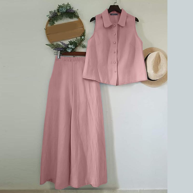 

ZANZEA Women Sleeveless Tank Tops and Wide Leg Pants Casual Two Piece Sets S розовый