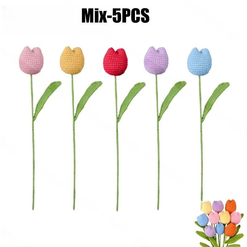 Handmade Crochet Tulip Flowers Bouquet Artificial Knit Simulation Craft Gift for Mom Women Bride Wedding Home Decor Party Supply