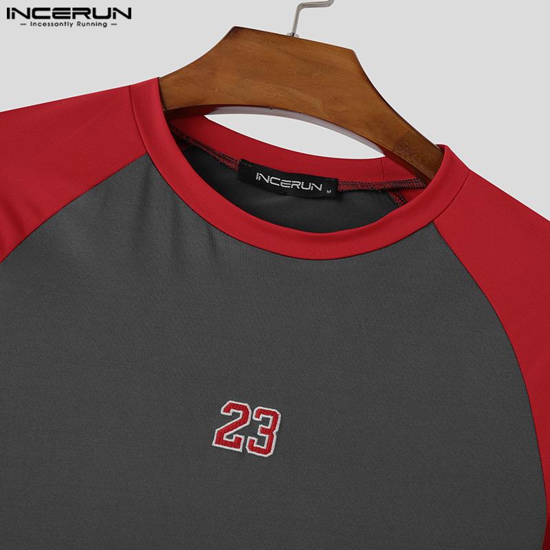 INCERUN Men Round Neck Long Sleeve Stitching Print Tops Fitted Undershirts