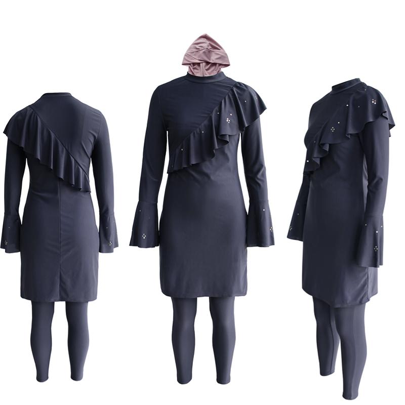 Muslimischer Badeanzug für Frauen mit Kappe, Rüschen, Badeanzug, Strandmode, Damen-Bademode, lange Ärmel, islamische Burkinis, Badeanzug, ganzer Badeanzug