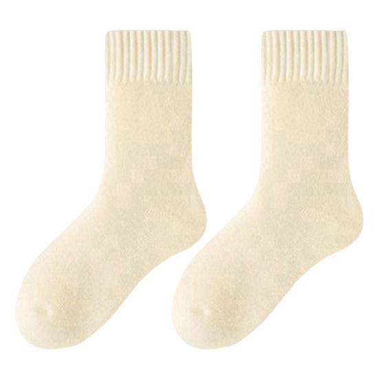 1 Pair Women Winter Socks Solid Color Ribbed Cuffs Thickened Plush Lining Sleeping Socks Autumn Winter Daily Wear