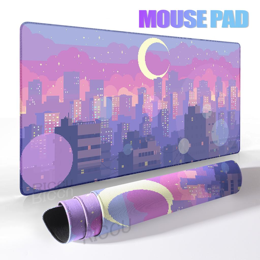 Pixel Art Cloudy Sky Mousepad Cute Mouse Pad Kawaii XXL E-Sports Desk Pad Extended Gaming Keyboard Mat Large Pink purple DeskMat