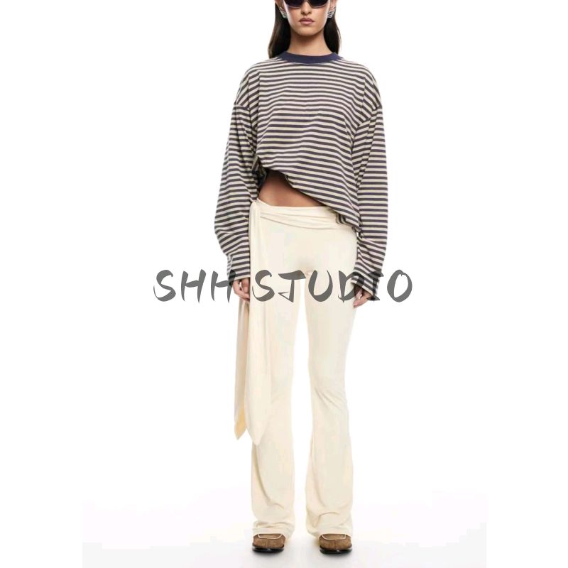 Summer New Product Women's Clothes French Lazy Style Round Neck Long Sleeves Contrast Color Stripes Casual Loose T-shirt Tops