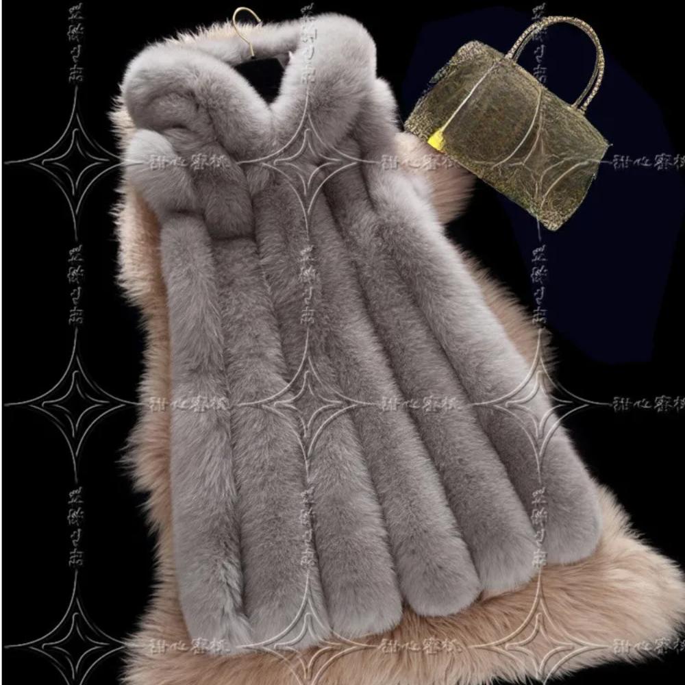 S-4XL Winter Warm Striped Faux Fox Fur Thick Overcoat Women Casual Long Vest Female Open Stitch Cardigan With Hat Slim Coat