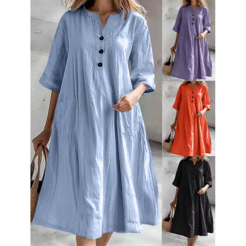 Women's Mid-Length V-Neck Cotton-Linen Dress with Short Sleeves and Three-Button Pockets