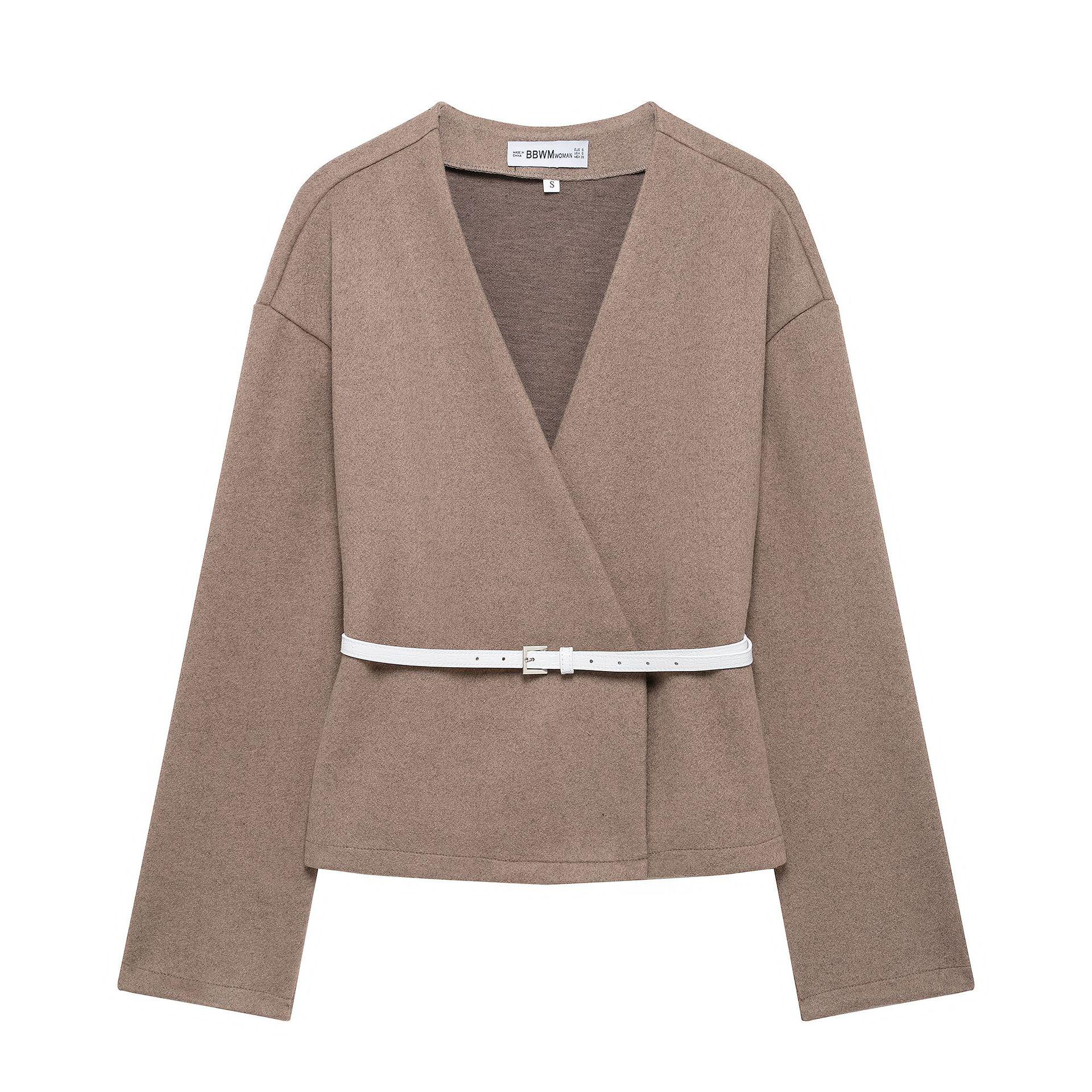 

Женское пальто на весну 2025 года с мягким длинным рукавом и V-образным вырезом, с поясом - в европейском и американском стиле Small