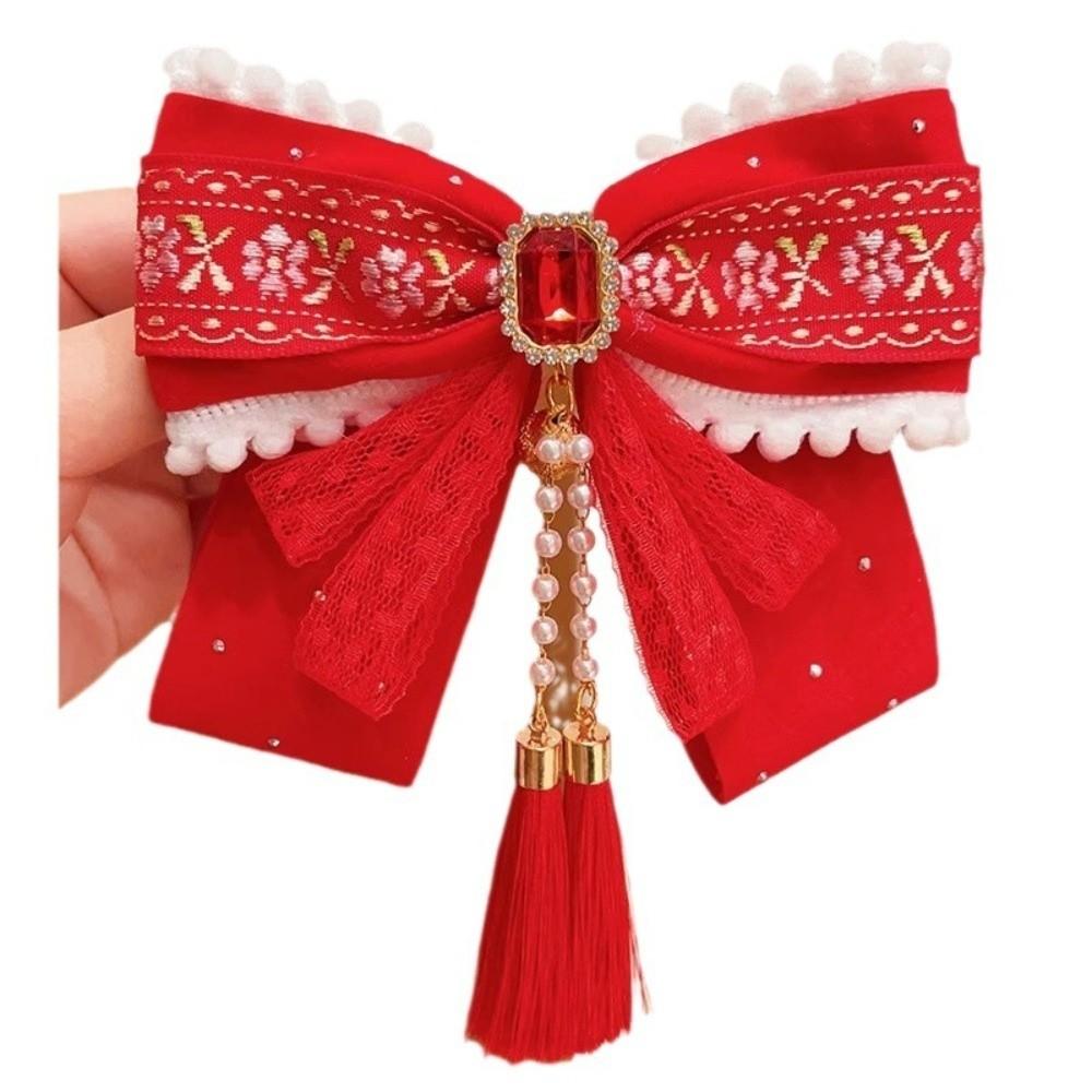 Flower Bow Ribbon Hair Clip Red Hanfu Hair Ornamen Chinese Style New Year Hairpin  Festival