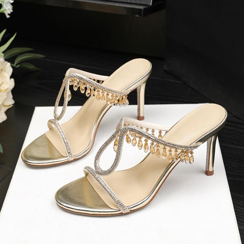 Fashion Liyke Summer Fashion Rhinestone Women Slippers Sandals Crystal Pendant Designer High Heels Mules Female Party Prom Shoes Gold