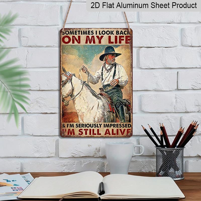 2D Flat, 1pc 7.87*11.8 Vintage Old West Denim Aluminum Sign | Rustic Wall Decor with Cowboy Riding Horse Design, Perfect for Western Lovers, Ranch