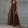 Women's navy blue V-neck sleeveless long dress loose side split texture breathable vacation style solid color casual long even