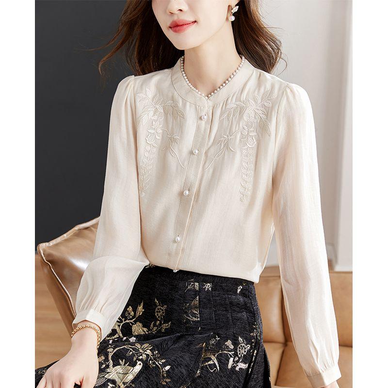 

Fancy Silk Shirt Women s Spring New Arrival New Chinese Style Long Sleeves Shirt Big Brand Luxury Mulberry Silk Top Apricot color M
