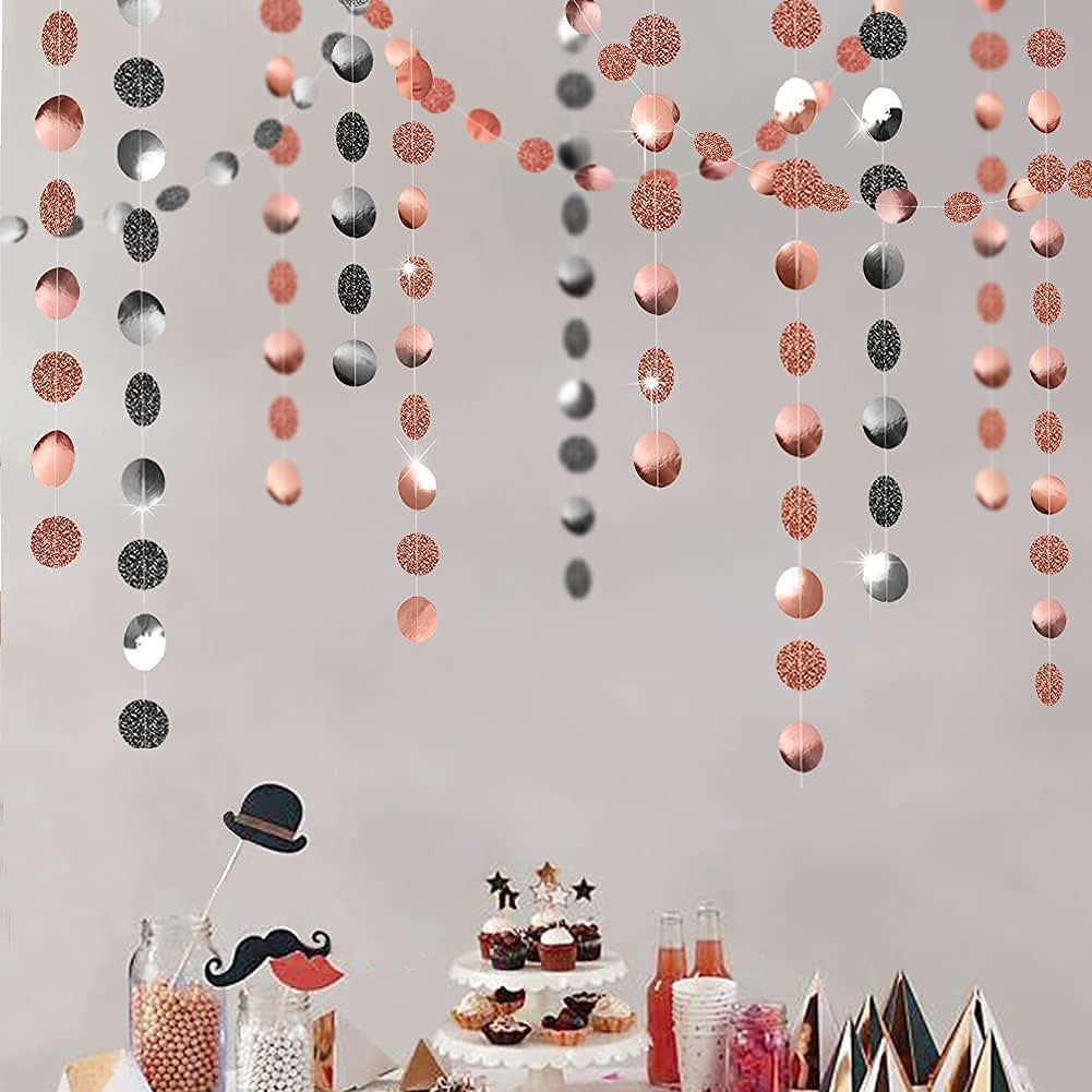 Decor365 Glitter Rose Gold Black Birthday Party Decorations Dot Garland Circle Streamers Banner Backdrop for Weddings Birthdays Baby Showers Bridal
