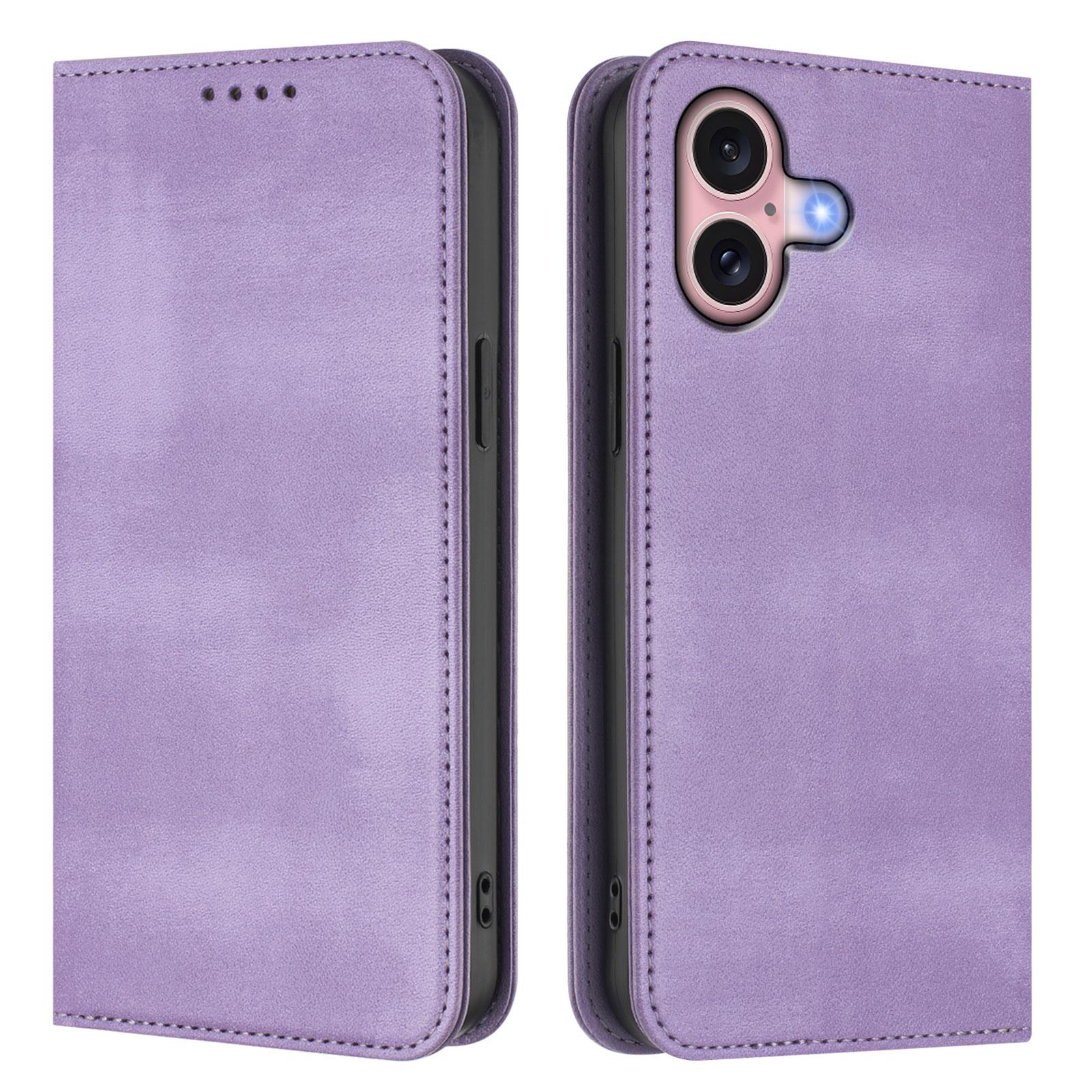 

For iPhone 16 Wallet Cases Retro Texture RFID Blocking Leather Phone Cover Light Purple