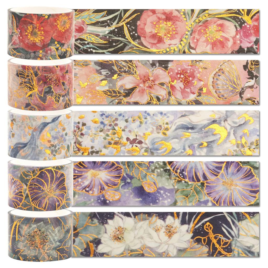 YUBBAEX Full Bloom Flower Masking Luxurious Gold Foil 25mm Wide X 5 Perfect for Gift DIY and Notebook Decorations Tape, Stamp, Rolls, Thin, Wrapping,