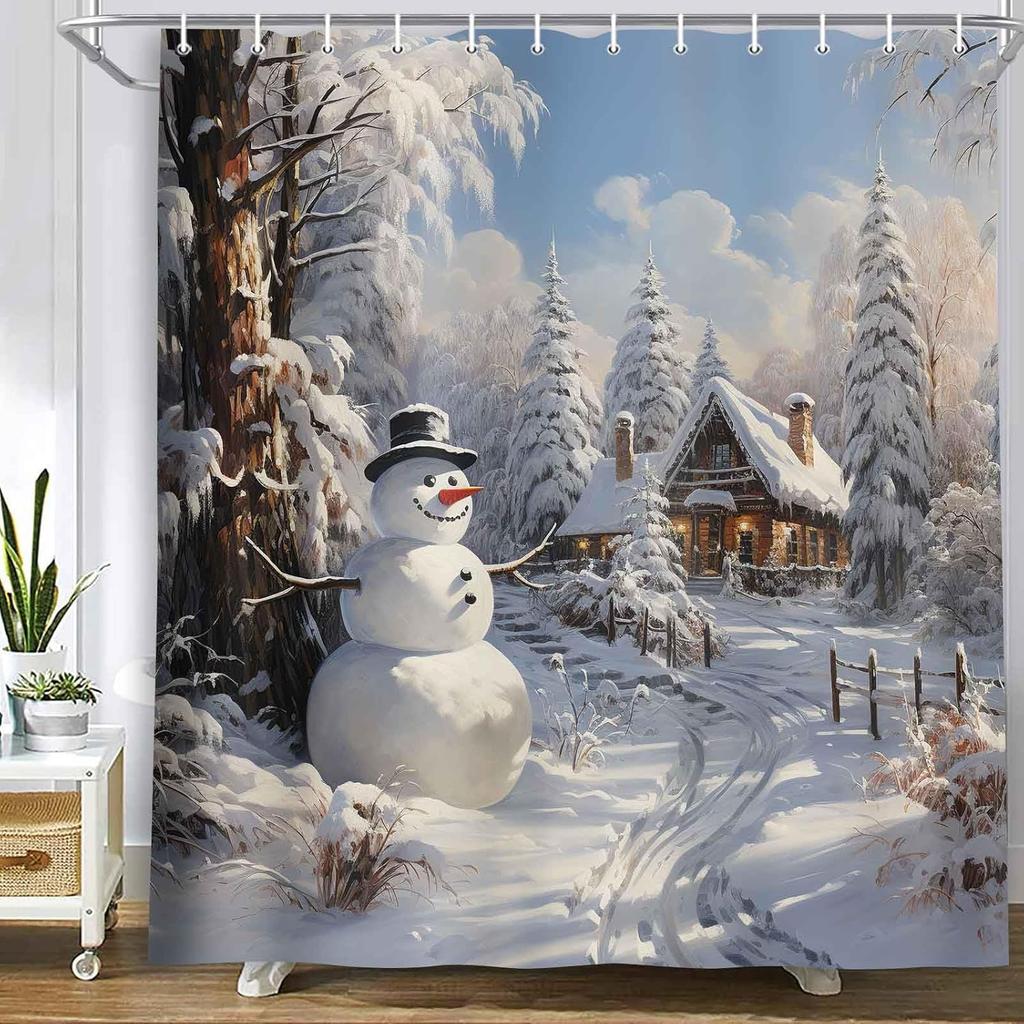 MERCHR Christmas Snowman Shower Curtain, Winter Snow Trees Rustic Farmhouse Bathroom Curtains, Durable Waterproof Fabric Bathtub Sets Home Decor 71 x