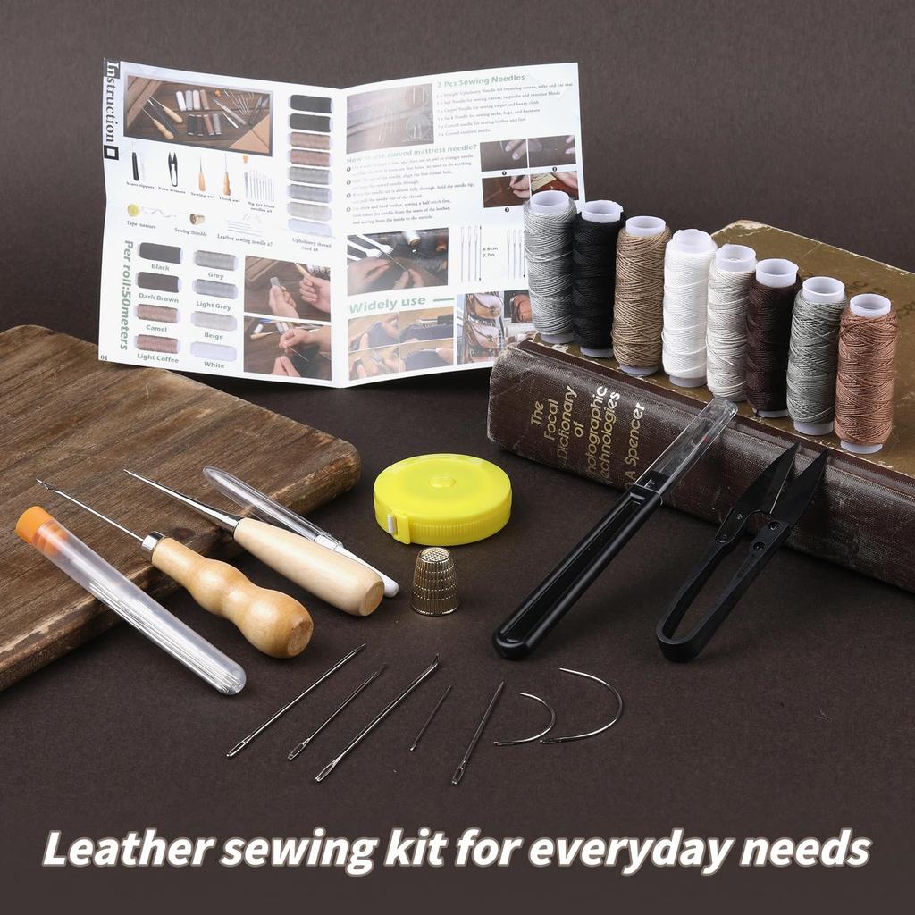Upholstery Sewing Kit Heavy Duty Sewing Kit With Awl Tools, Seam , Hand Stitching Needles, Upholstery Thread, Leather Craft Tool Kit For Shoes Sofa