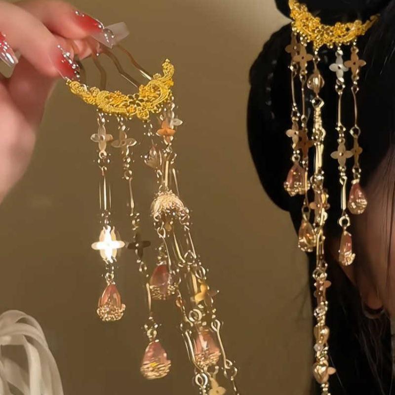 Chinese Hanfu Hair Accessories For Women Floral Tassel Hair Forks Traditional Bride Hairpin Vintage Headdress