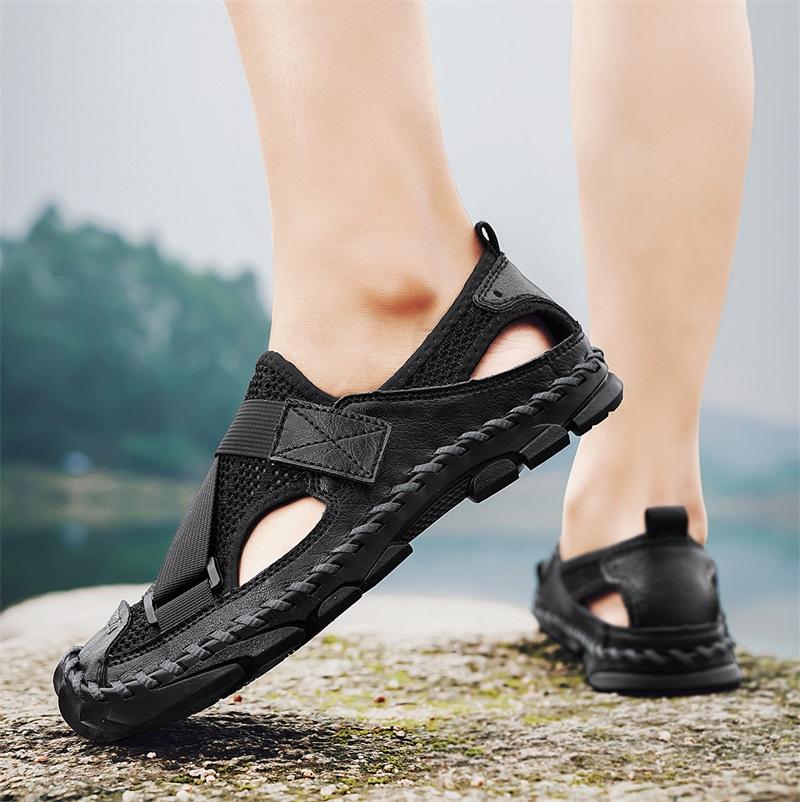 Herren Outdoor Wandersandalen Handgefertigt Sommer Römische Sandalen Retro Weit Geschlossene Zehen Grau Strand Wasserschuhe Übergröße