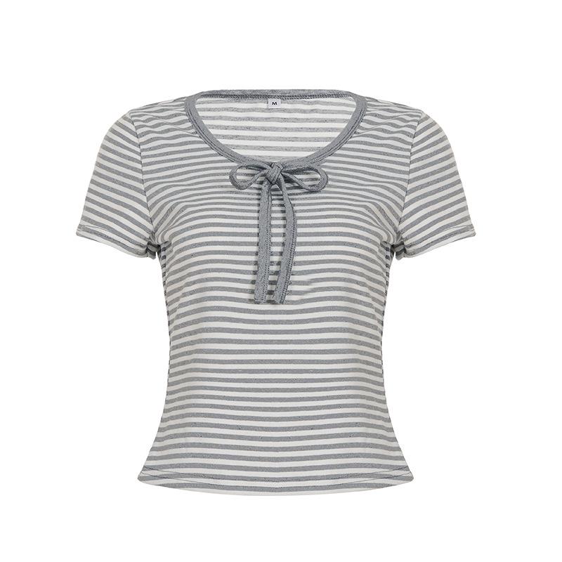 Mojie Sweet Stripe Lace-up Knit T-shirt: Slimming & Versatile Short Sleeve for Women M
