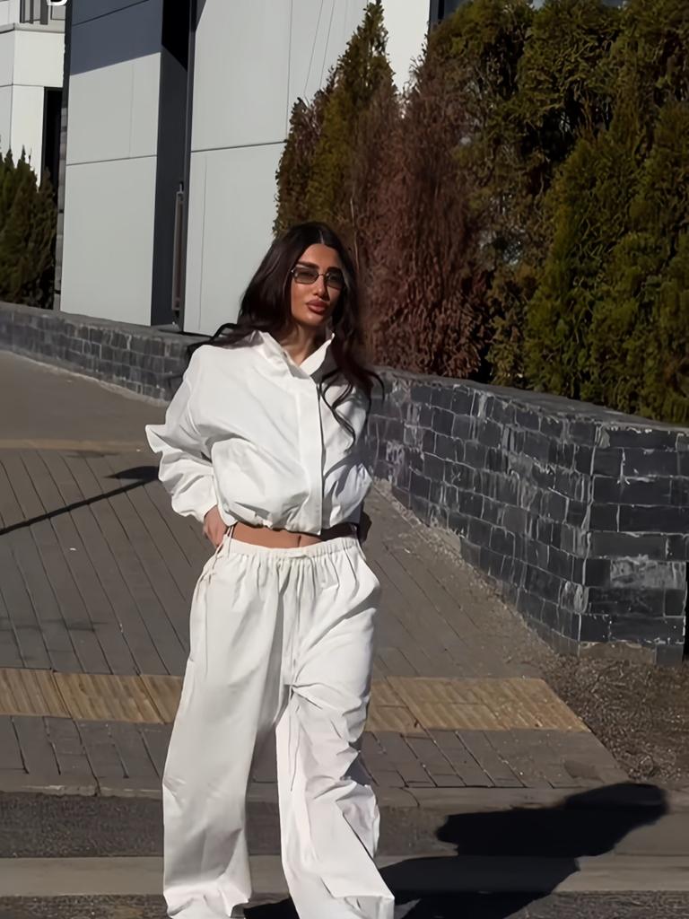 Neues lässiges Sportset für Damen, lockerer Cardigan mit Stehkragen und kurzem Reißverschluss + Hose mit weitem Bein