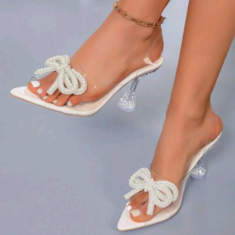 High Heels Sandalen Damen Sommer Europäisch und Amerikanisch Große Größe Perlen Schleife Transparente Schuhe Außenhandel Grenzüberschreitend Weinglas Absatz