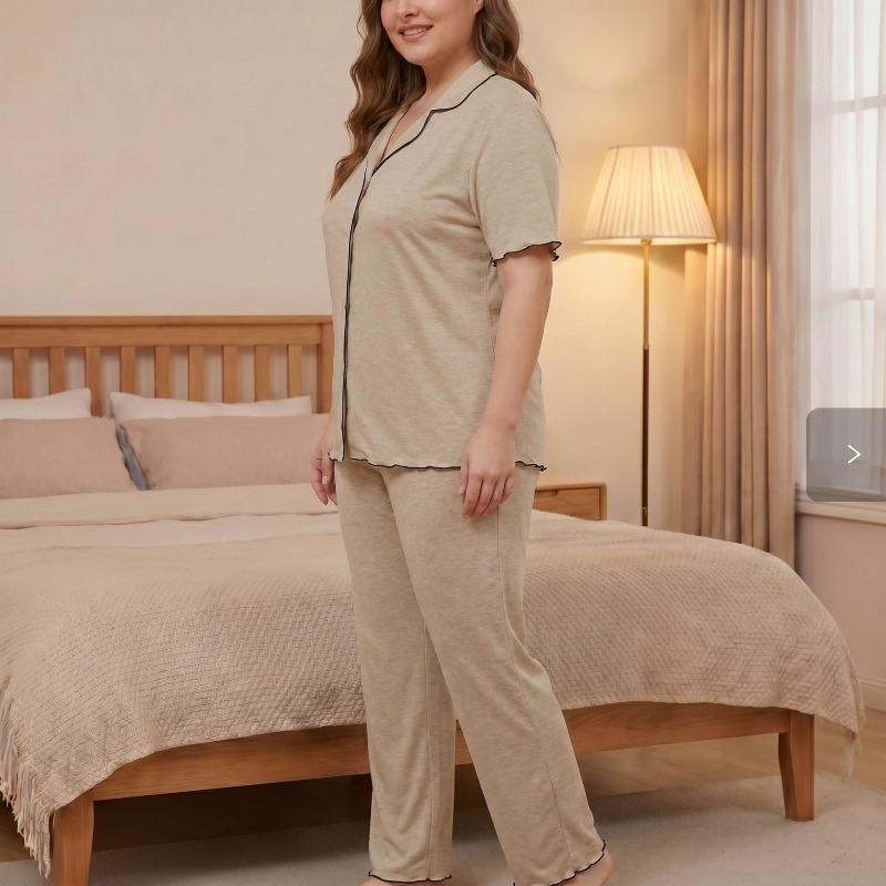 YYFS Women's Fashion Spring Summer Solid Color Print Short Sleeve POLO Neck Casual Pajama Set