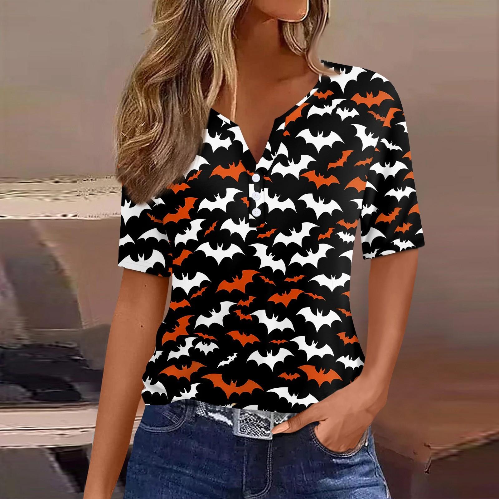 

Женская футболка с принтом на Хэллоуин, на пуговицах, с коротким рукавом, повседневная, для выходных, модная, базовая, с V-образным вырезом, обычный топ L