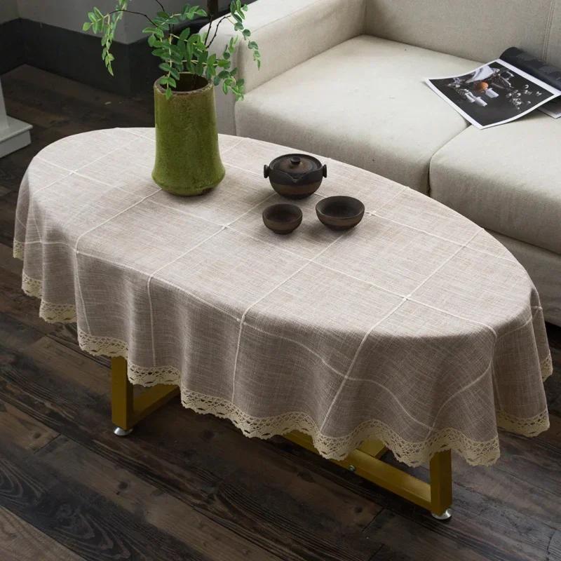 

Cotton and Linen Oval Tablecloth Tea Table Striped Tablecloth Lace Coffee Tea Table Cloth Modern Nordic Table Cover Decoration 90x150cm 1pcs