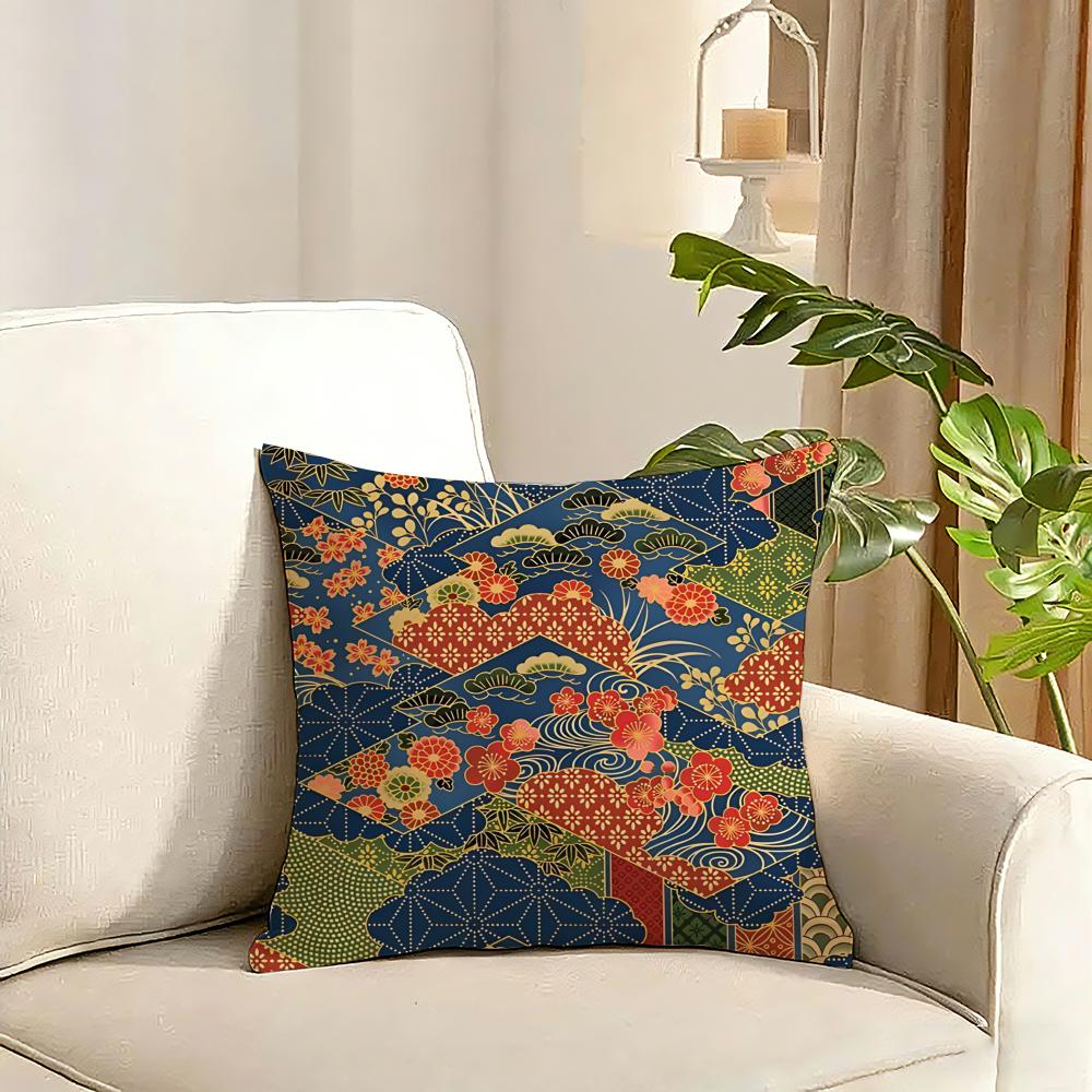 Kimono Fabric Cushion Cover Reversible Plush Pillow Cover Soft Fluffy Home Decor for Sofa Bedroom