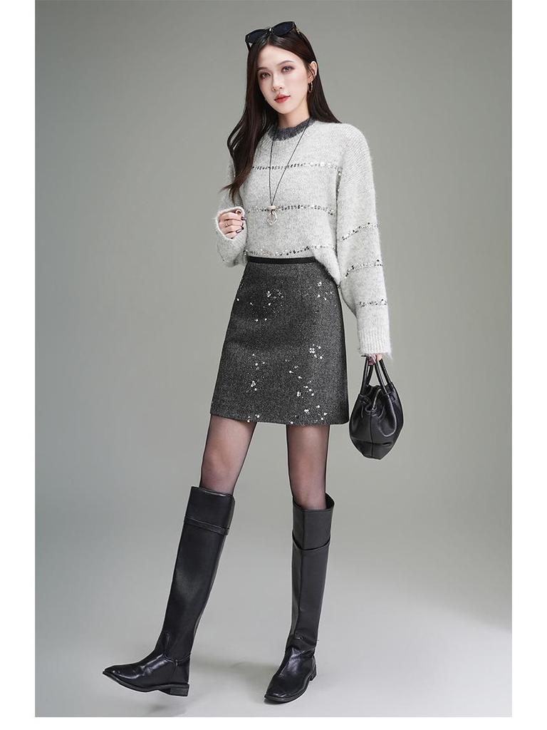 Elegant Coco Style Rhinestone High-Waisted A-Line Skirt - 2025 Autumn/Winter Petite Fashion