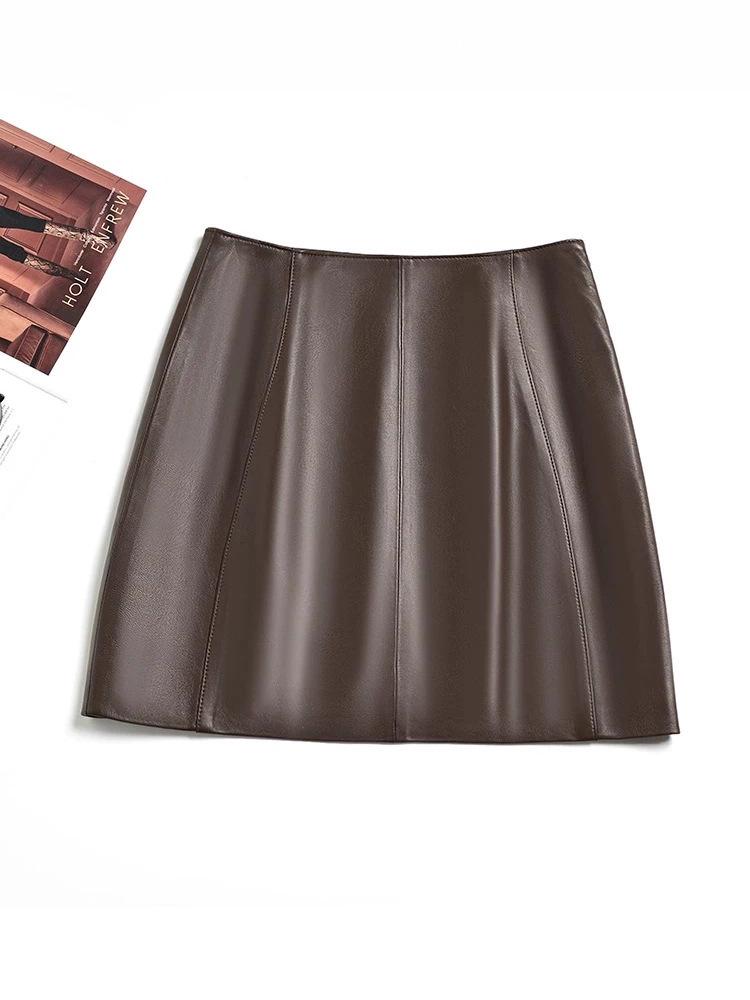 Genuine European & American High Waist Leather A-line Skirt for Women