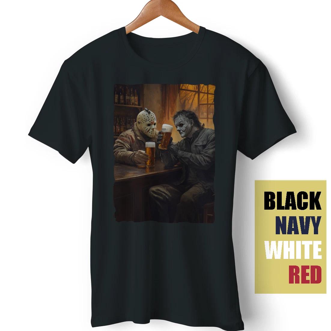 Jason Voorhees Michael Myers Drink Beer Funny Halloween Costume Meme T-Shirt L