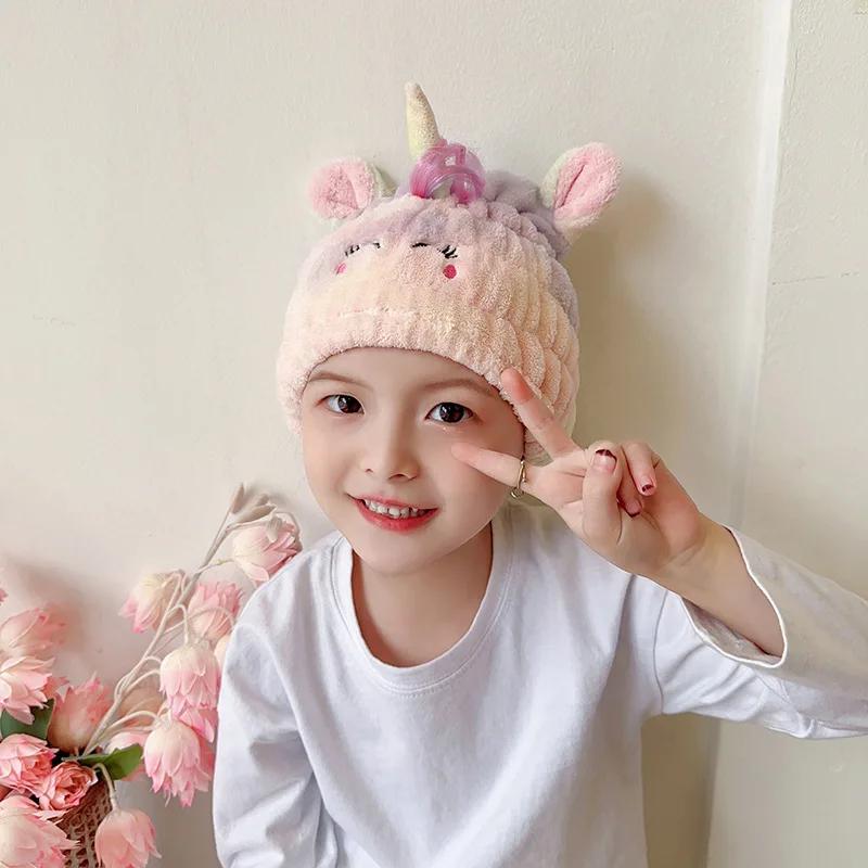 Cute Animal Hair Dry Hat Towel Quick Dry Shower Cap Strong Absorbing Drying Soft Cartoon Duck Rabbit Unicorn Children Hair Hat for daily use