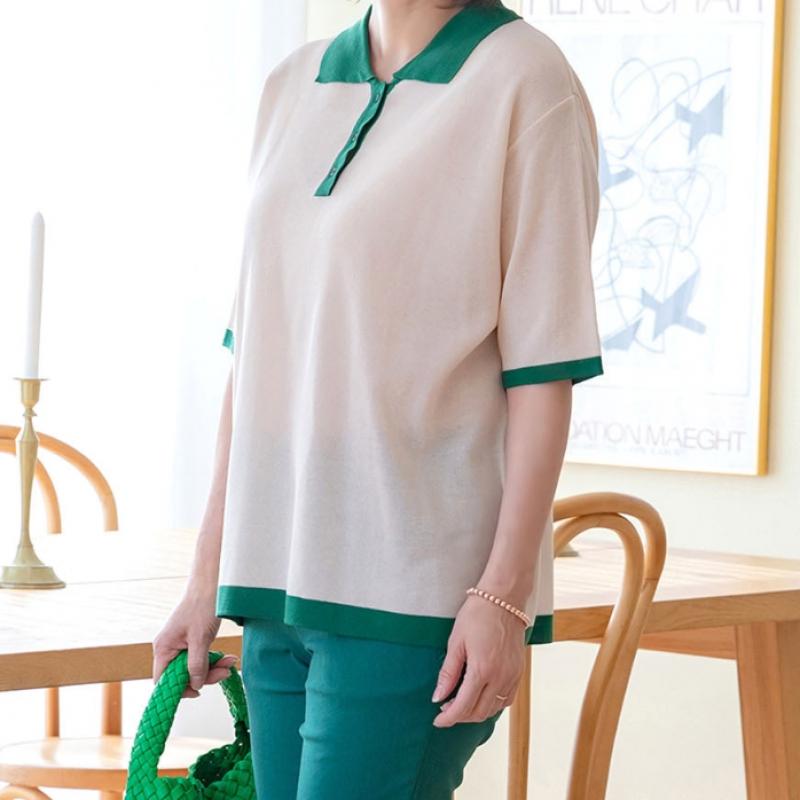 Shiz Madam Women T56730 Roy Collar Contrast Short Sleeve Knit