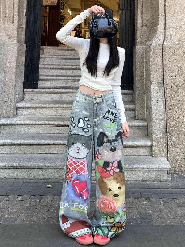 Damen American Retro Graffiti Weitbeinige Jeans